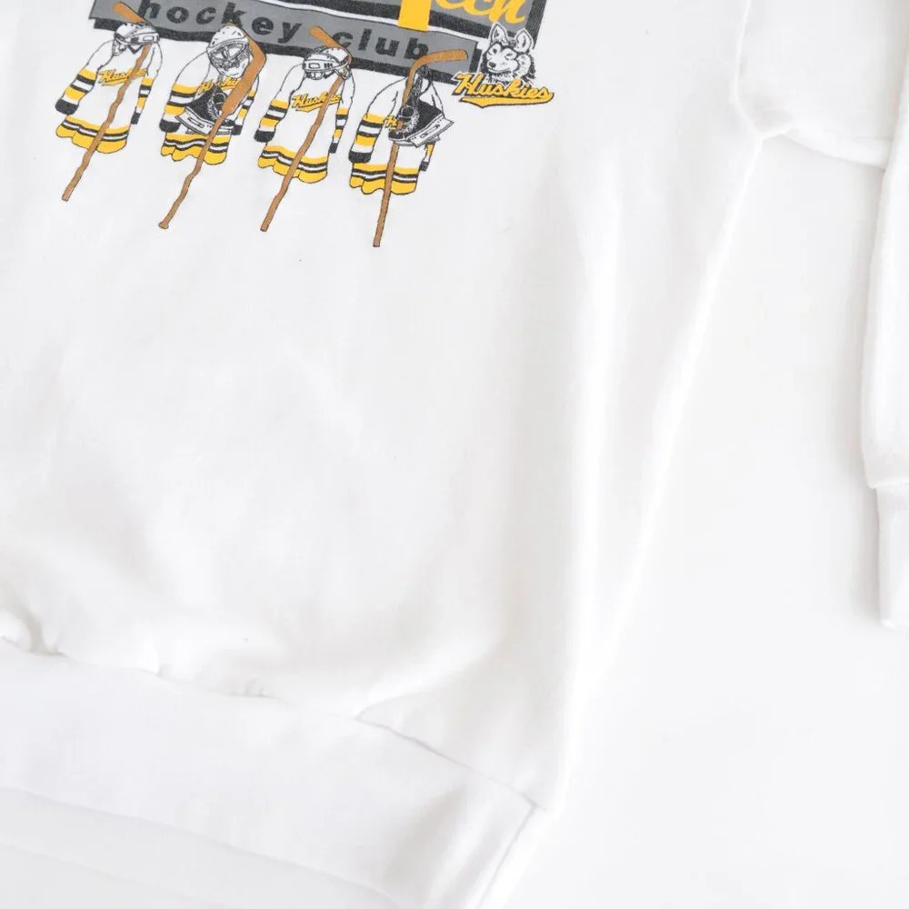 VTG 90S Spa Sportswear MI Tech Hockey Huskies White And Yellow Crew Neck Sweater - Picture 6 of 11